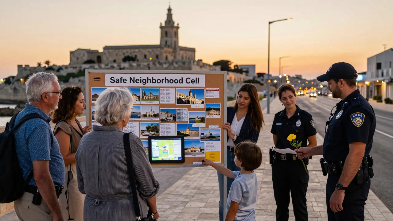Un groupe de résidents et un touriste réunis autour d'un tableau de sécurité communautaire à Oran.