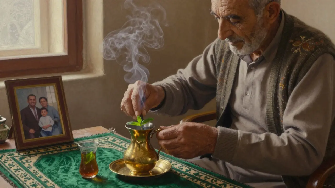 Un homme âgé prépare du thé à la menthe dans un pot de cuivre, la lumière du matin éclaire une photo de famille et un tapis de prière.