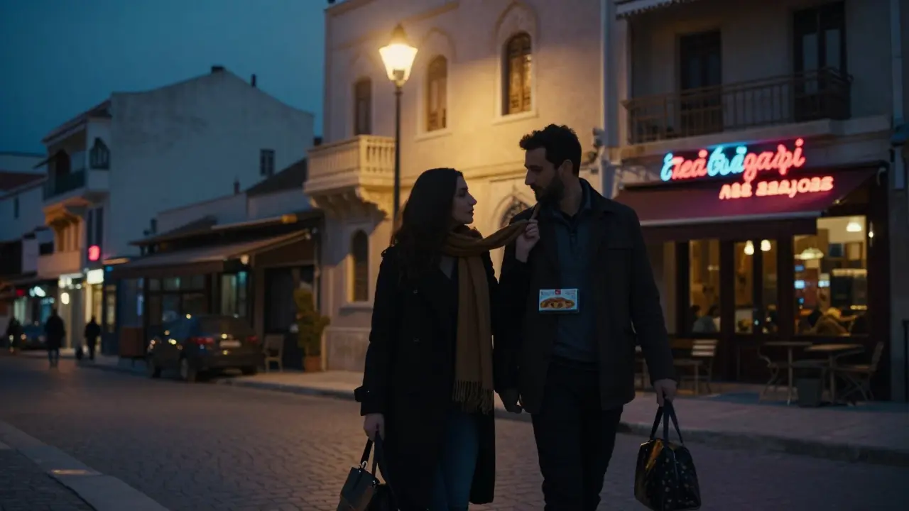 Un jeune homme algérien accompagne sa compagne jusqu'à sa porte à la tombée de la nuit, tenant son sac et un plateau de baklava.