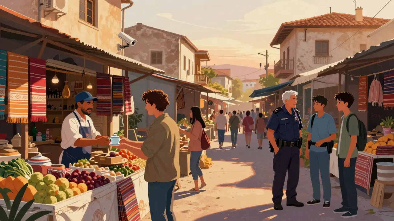 Un marché animé d'Oran à la tombée de la nuit, où habitants et touristes échangent avec confiance.