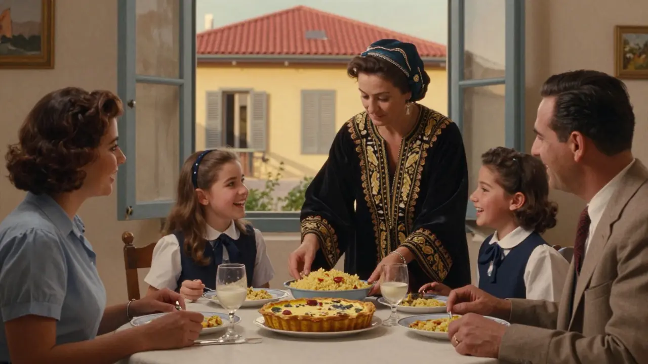 Un repas familial mixte en Algérie dans les années 1950, mêlant cuisine française et algérienne, dans une maison coloniale.