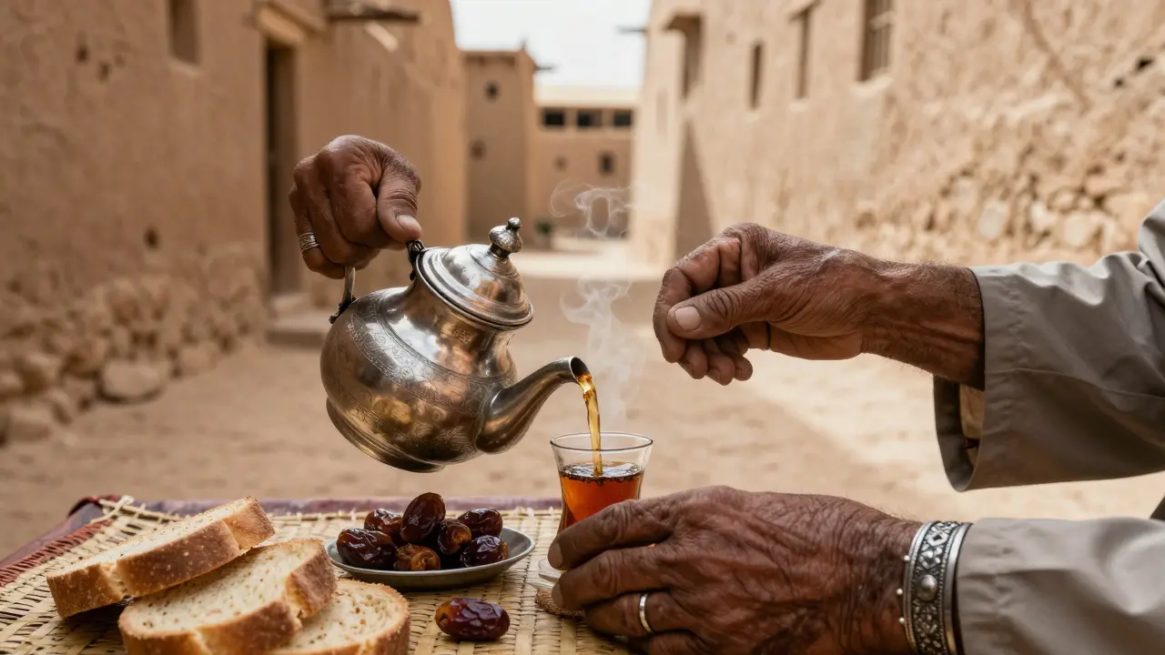 Un Touareg sert le thé à la menthe dans un village de ksour en Algérie.