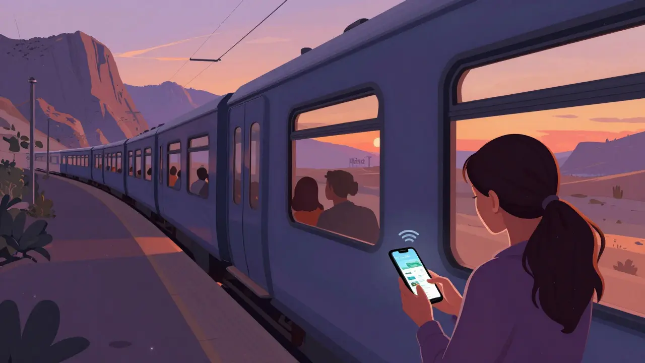 Un train moderne traverse les montagnes du Tell en Algérie au coucher du soleil, passagers à la fenêtre.