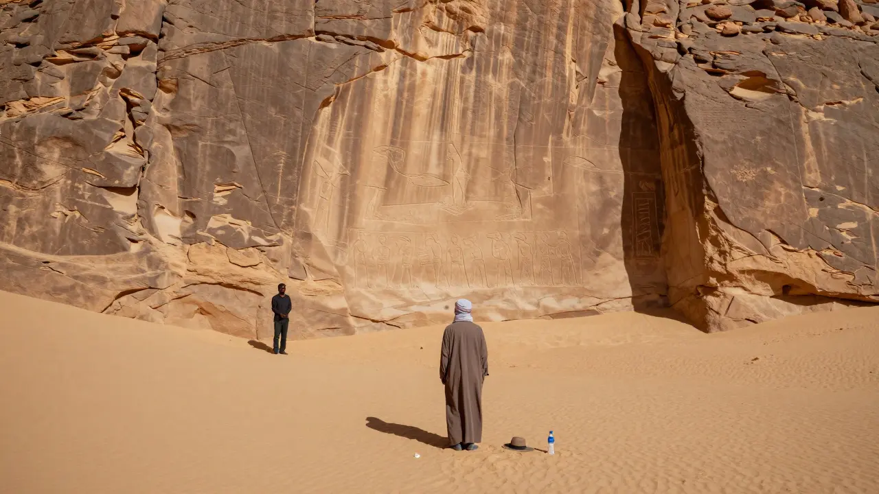Un voyageur respectueux observe des gravures rupestres dans le Tassili n’Ajjer, accompagné discrètement par un guide local.