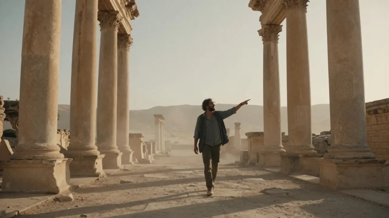 Un voyageur seul explore les ruines romaines de Timgad au lever du soleil, accompagné d'un guide local.
