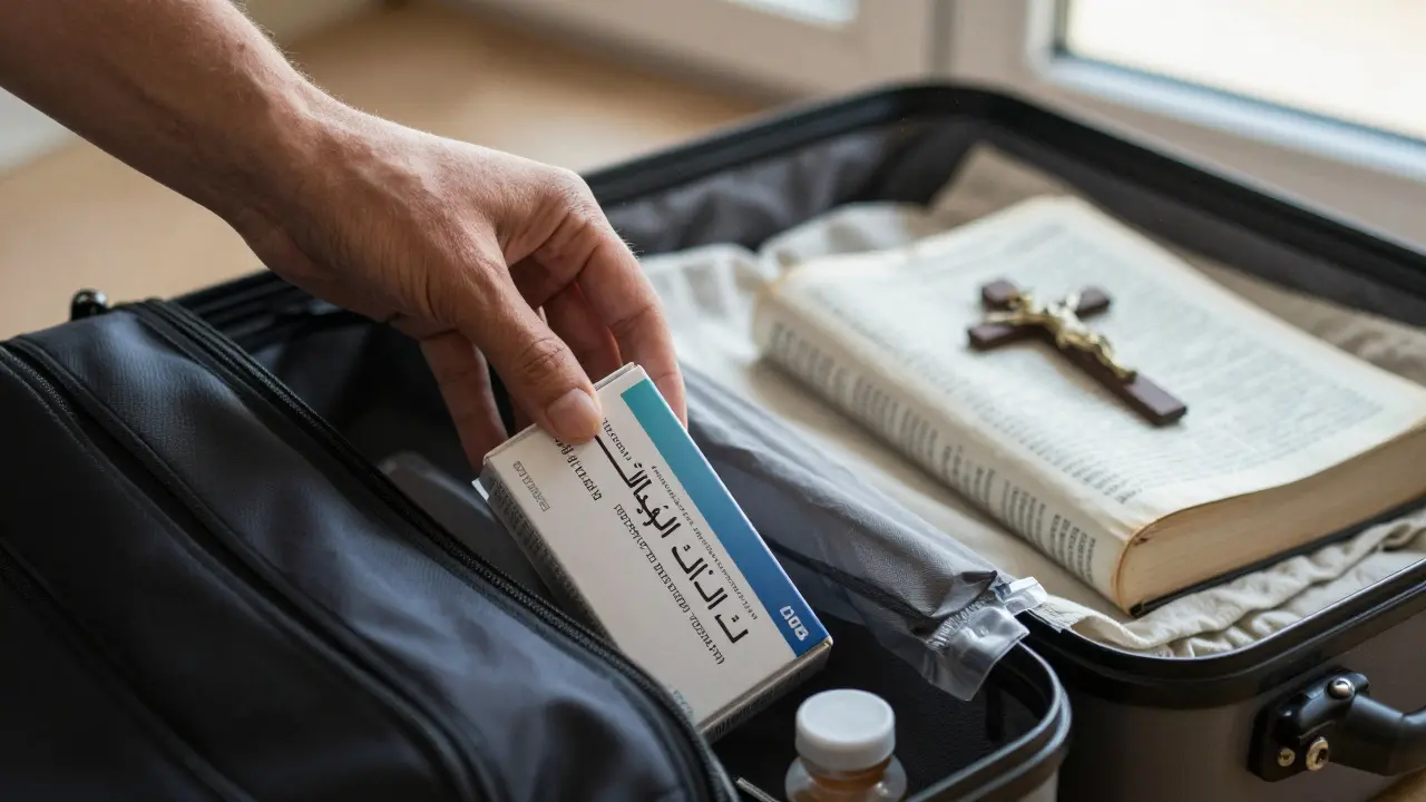 Une boîte de médicaments avec une ordonnance en français et arabe est rangée avec précaution, à côté d'une Bible et d'une croix enveloppées.