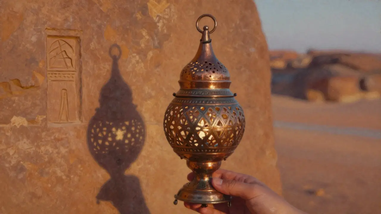 Une lampe en cuivre berbère projetant des ombres de motifs géométriques sur des parois rocheuses anciennes du Sahara algérien.