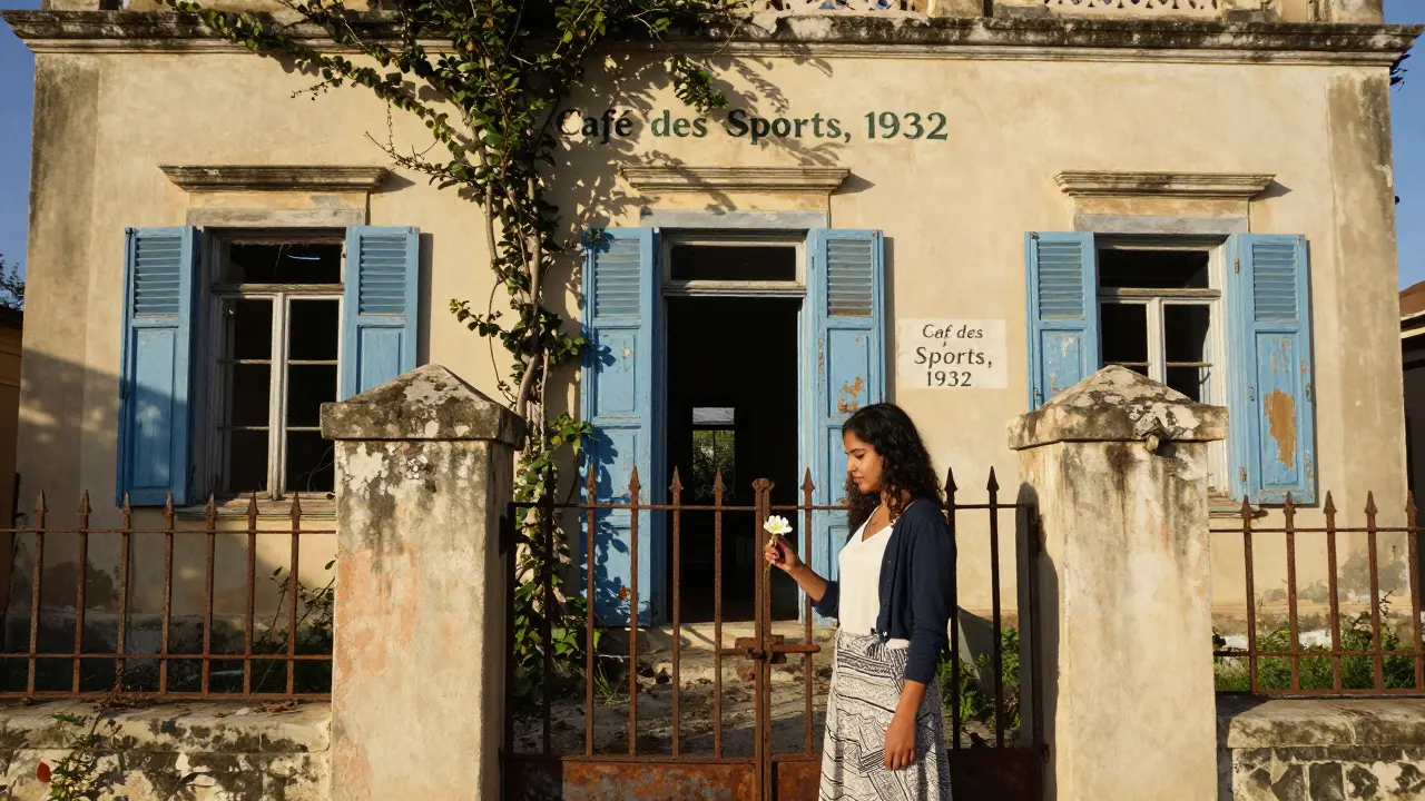 Une villa coloniale abandonnée en Algérie, avec une femme moderne déposant une fleur sur une porte gravée 'Café des Sports, 1932'.