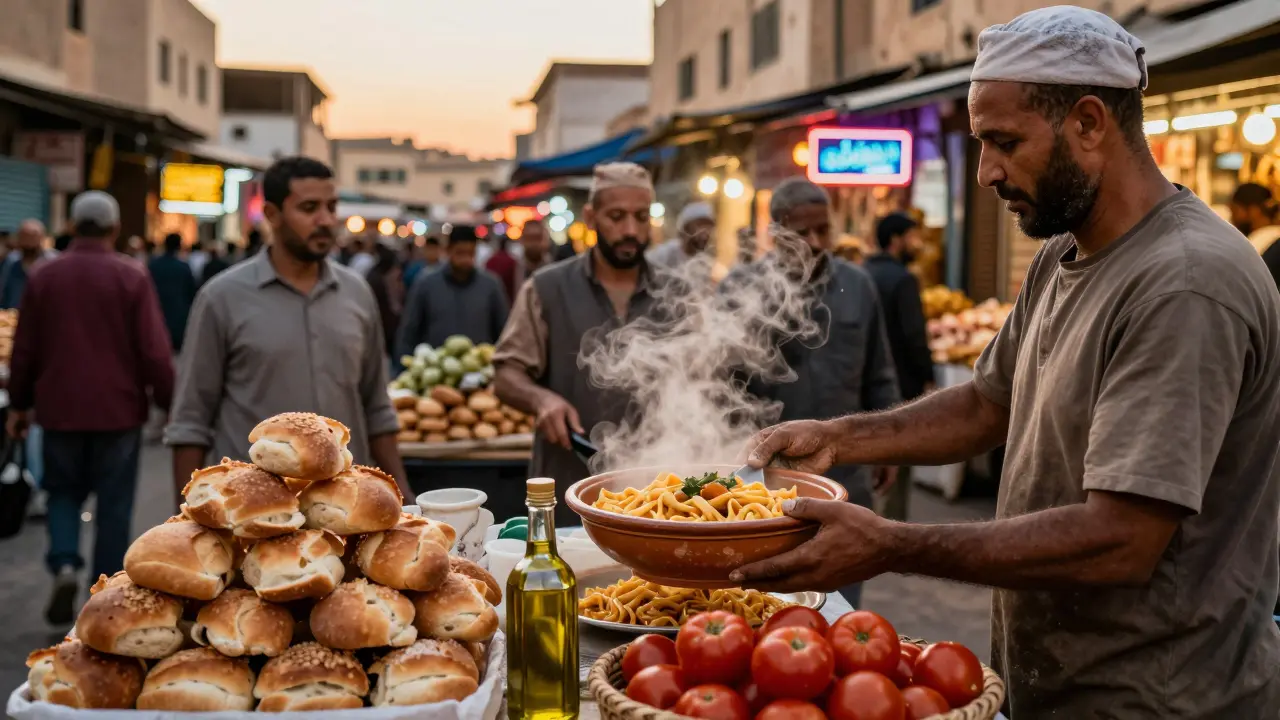 Vendeur de pâtes dans un marché de nuit à Bab El Oued, Algiers, servant des bols fumants à des ouvriers.