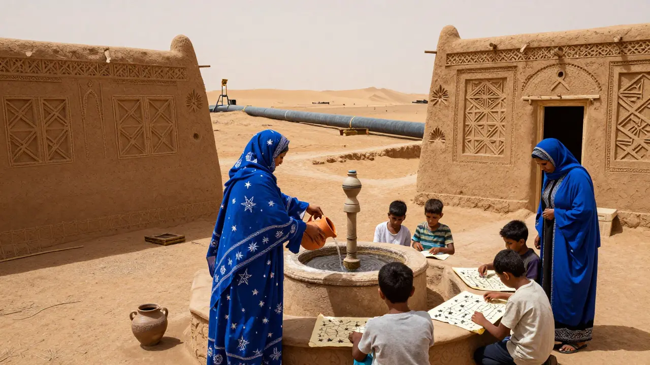 Village oasien de Ghardaïa avec puits traditionnel, pipeline moderne et femmes préparant de l’eau dans un cadre ancestral.