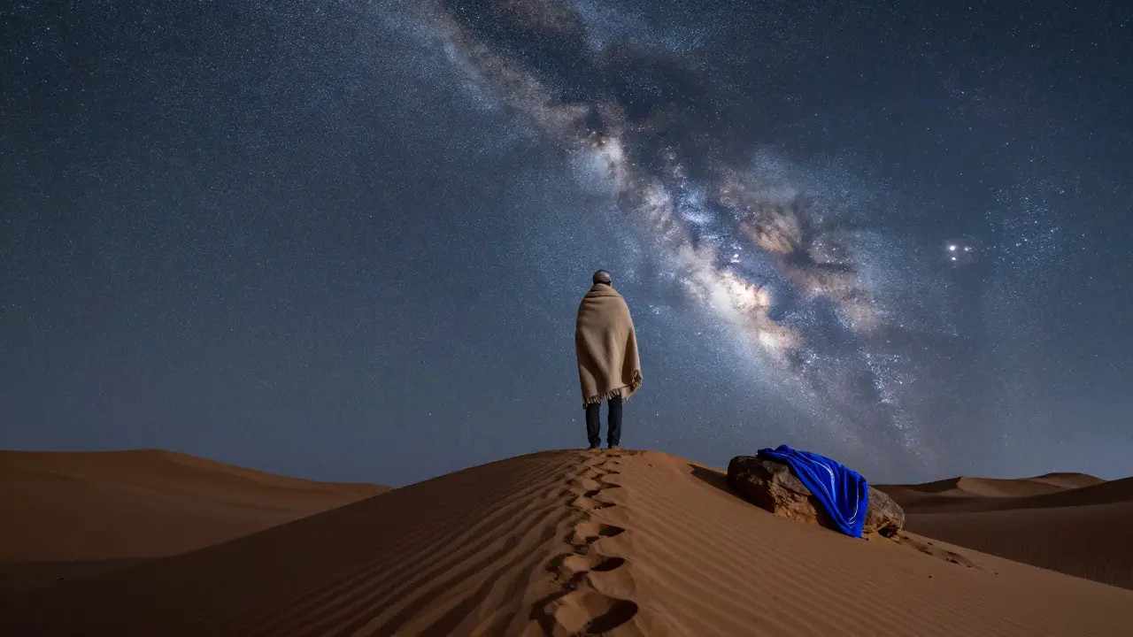 Voyageur contemplatif sous la Voie lactée sur une dune du Sahara, avec un tissu bleu de Tassili posé à côté.