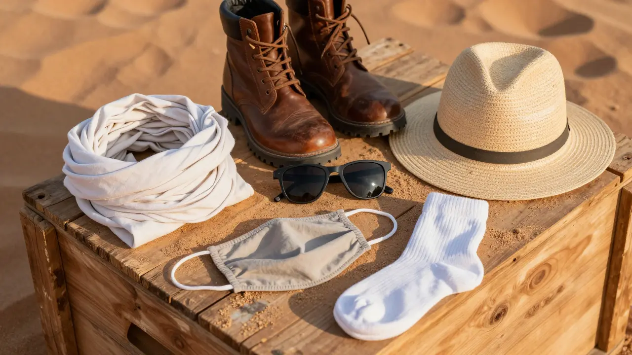 Accessoires essentiels pour survivre au Sahara : turban, bottines, masque et lunettes sur un plan de bois.