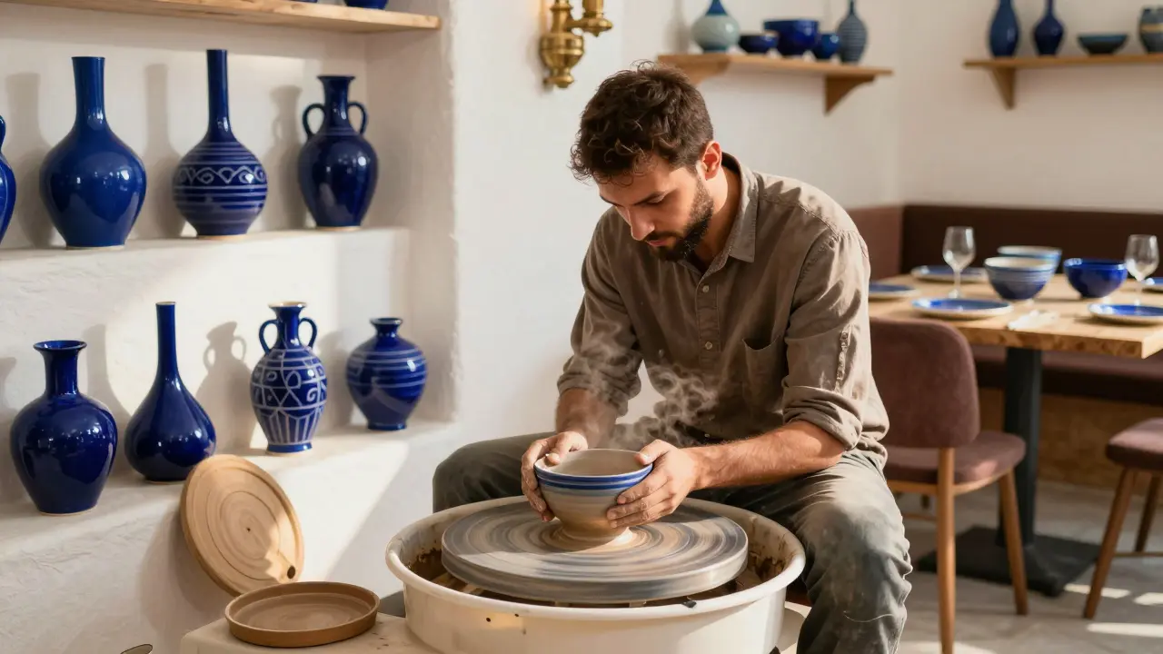 Artisan en céramique façonnant un bol en terre cuite vernissée à Sidi Bel Abbès.