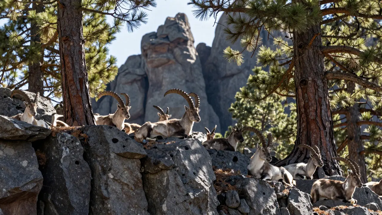 Bouquetins sauvages dans le parc du Chréa parmi des cèdres et rochers escarpés.