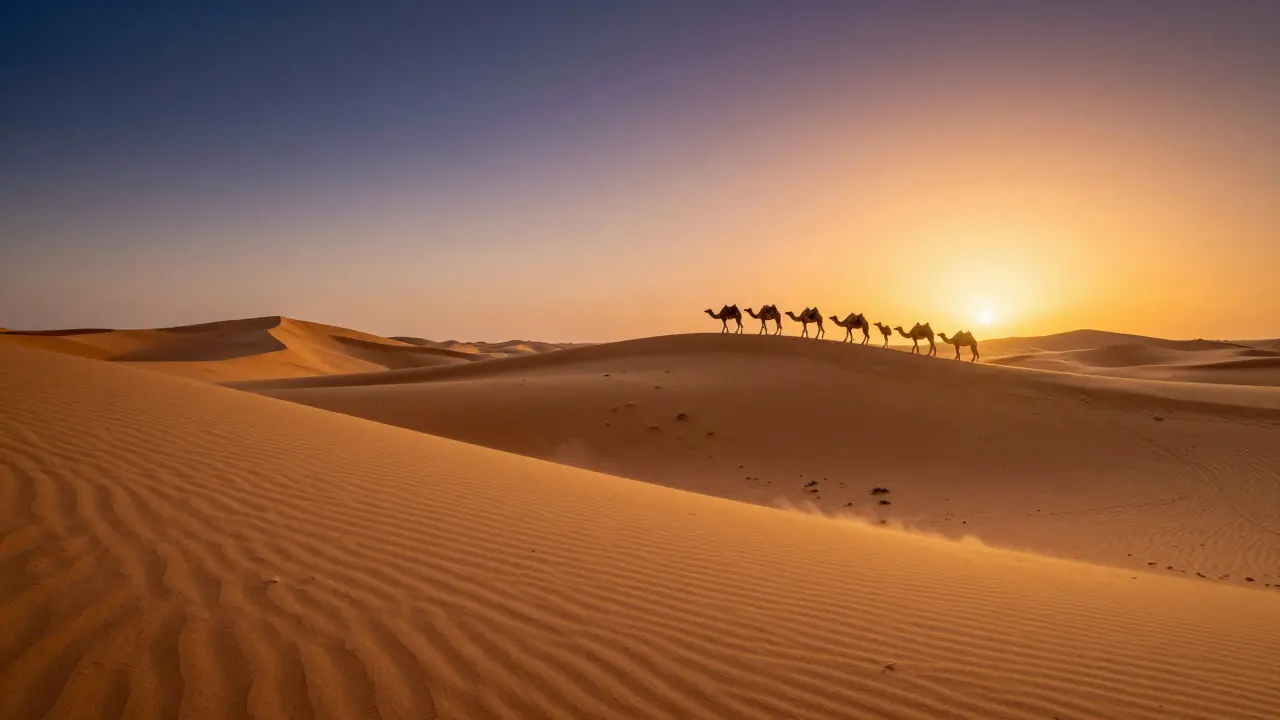 Caravane de chameaux sur les dunes dorées d'Erg Chebbi au coucher du soleil.