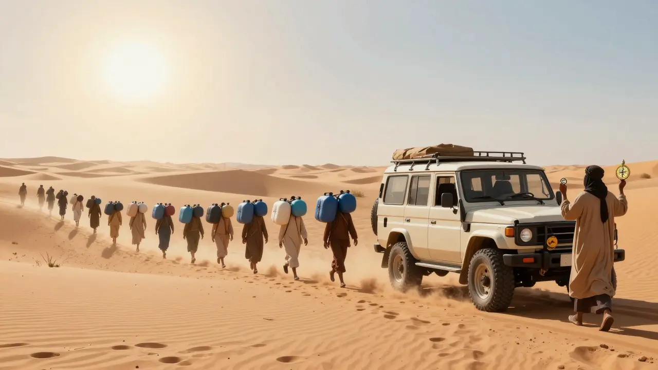 Caravane de voyageurs et véhicule 4x4 traversant les dunes du Sahara sous un soleil écrasant, avec des bidons d'eau.