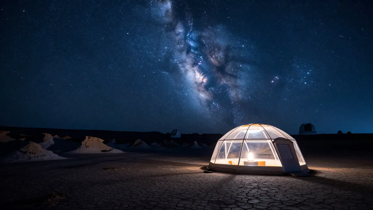 Ciel nocturne étoilé au-dessus du désert avec une tente d'observation.