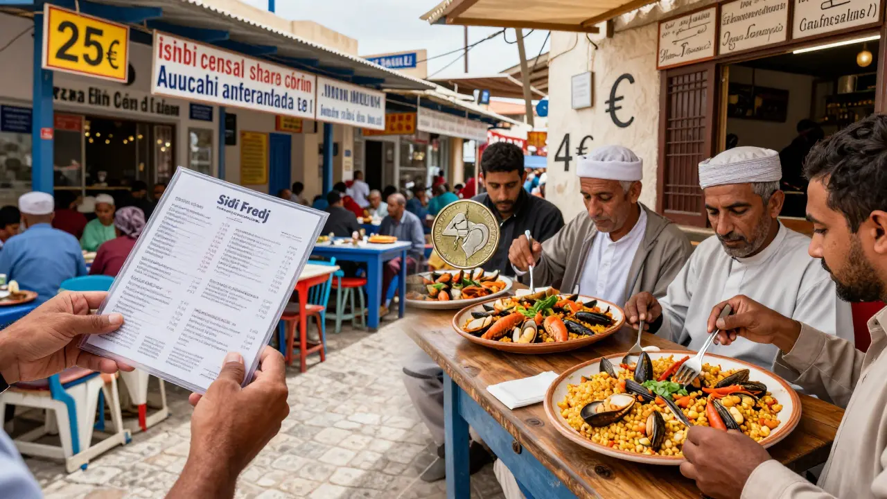 Comparaison visuelle : un repas touristique cher à droite, un repas local authentique à gauche, séparés par une pièce de dinar.
