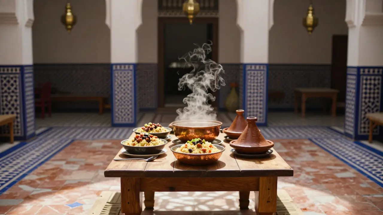 Cuisine traditionnelle servie dans un patio décoré d'un riad.