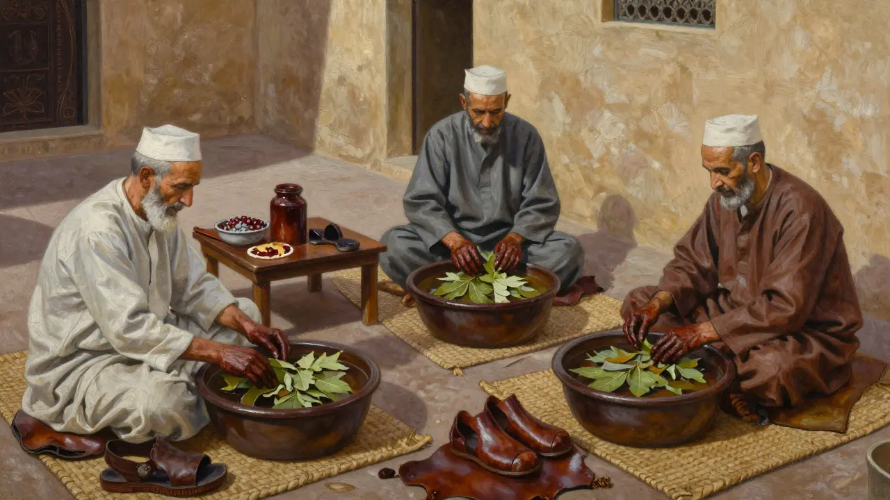 Des artisans travaillent le cuir naturel dans une cour traditionnelle, les mains teintées de teintures végétales.