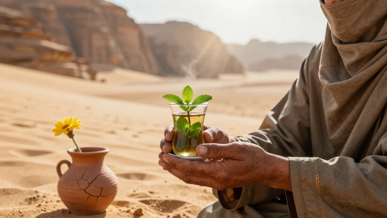 Des mains offrant du thé au désert, avec des falaises de sable et une fleur sauvage en arrière-plan flou.