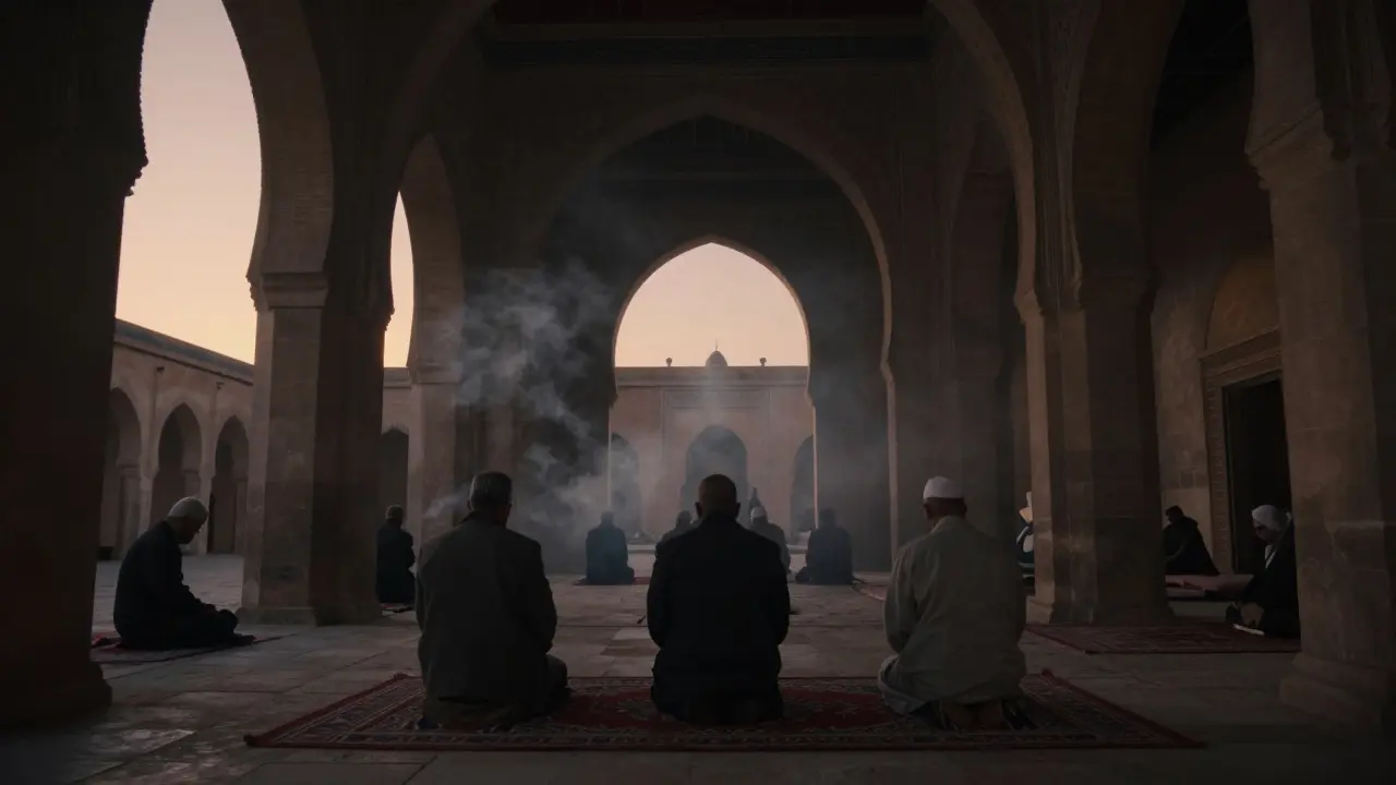 Des pèlerins en silence prient près d'une zawiya algérienne au coucher du soleil, dans une atmosphère spirituelle apaisante.