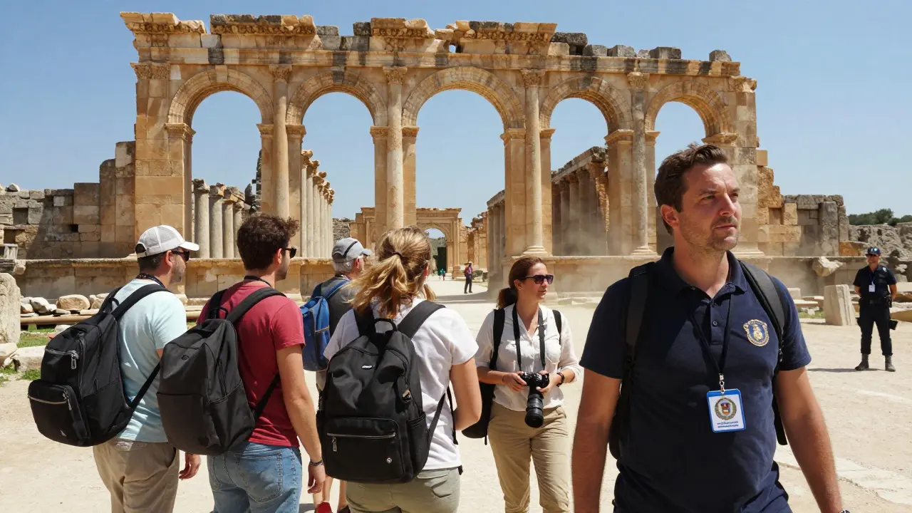 Des touristes visitent les ruines romaines de Timgad accompagnés d'un guide certifié avec badge officiel.