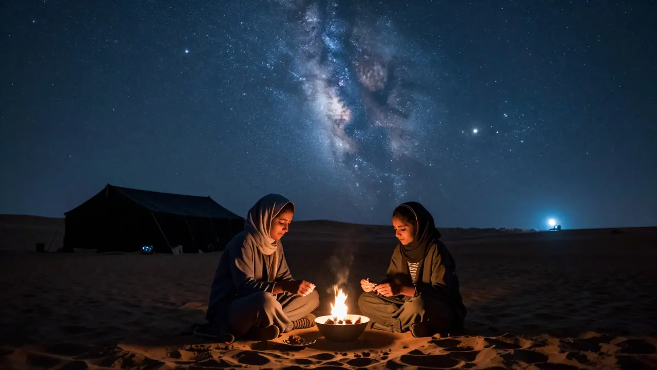 Deux jeunes sous un ciel étoilé dans le désert, partageant un repas près d'un camp de réfugiés et d'une lumière de patrouille.