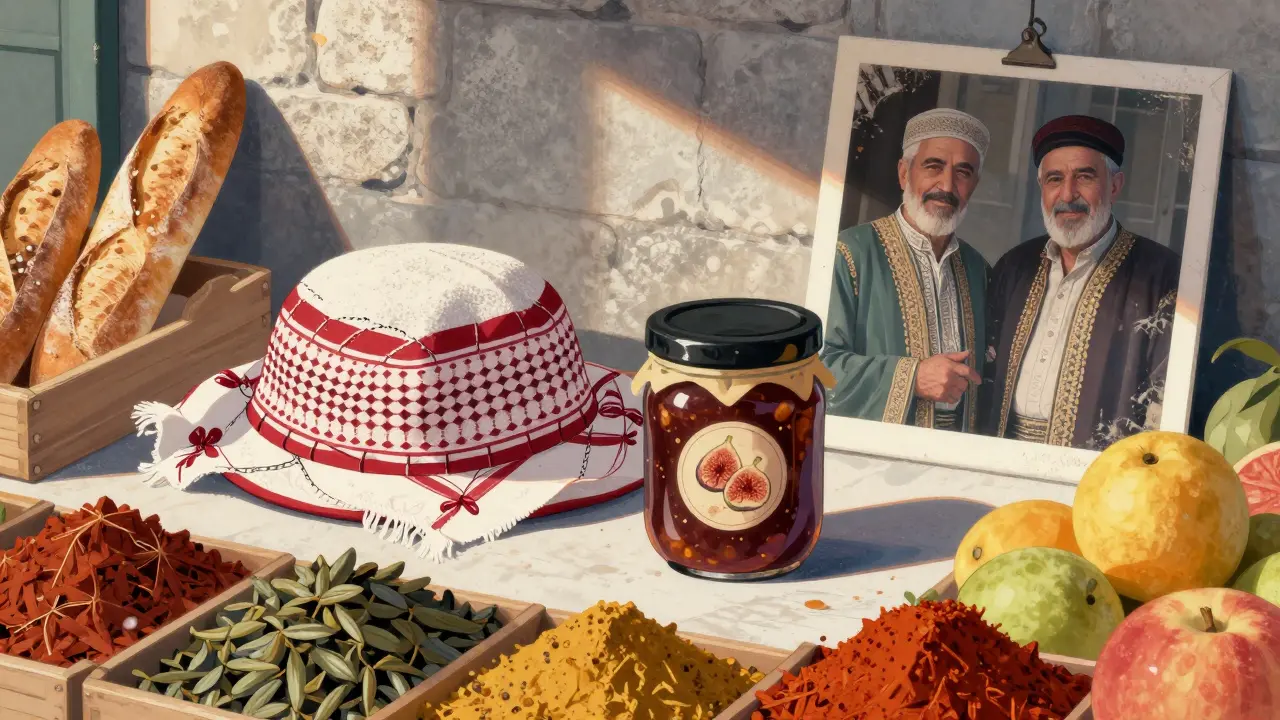 Étal de marché à Marseille avec chechia et confiture de figue, symbole des liens culturels algéro-français.