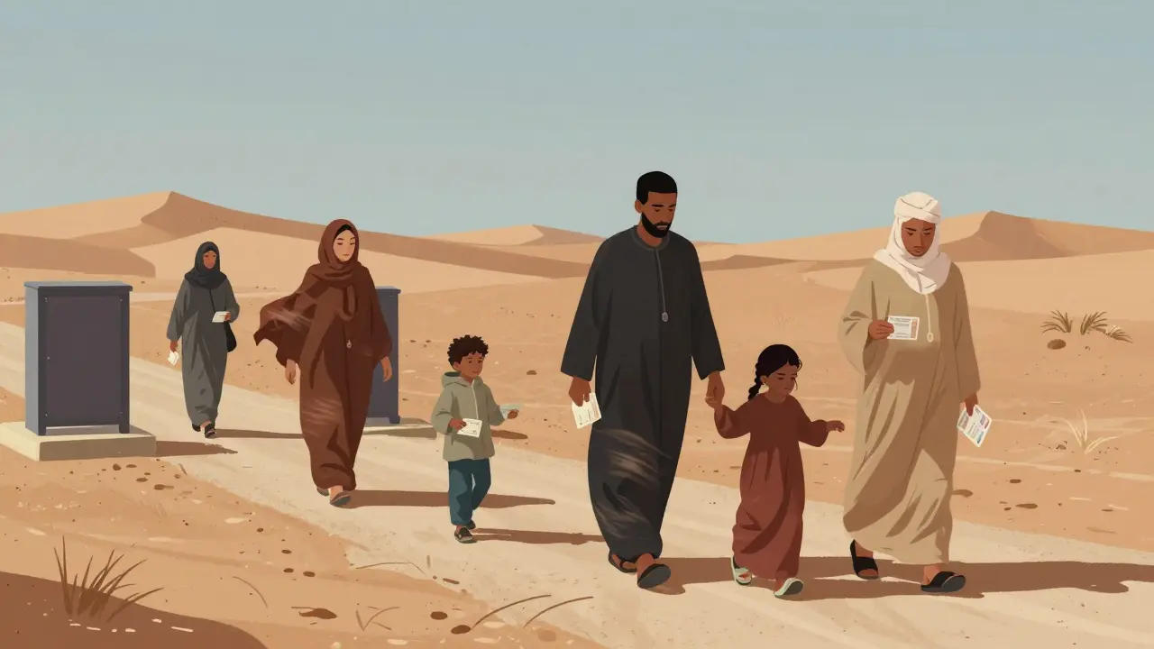 Famille maghrébine franchissant la frontière algérienne avec une carte d'identité nationale, au bord du désert.