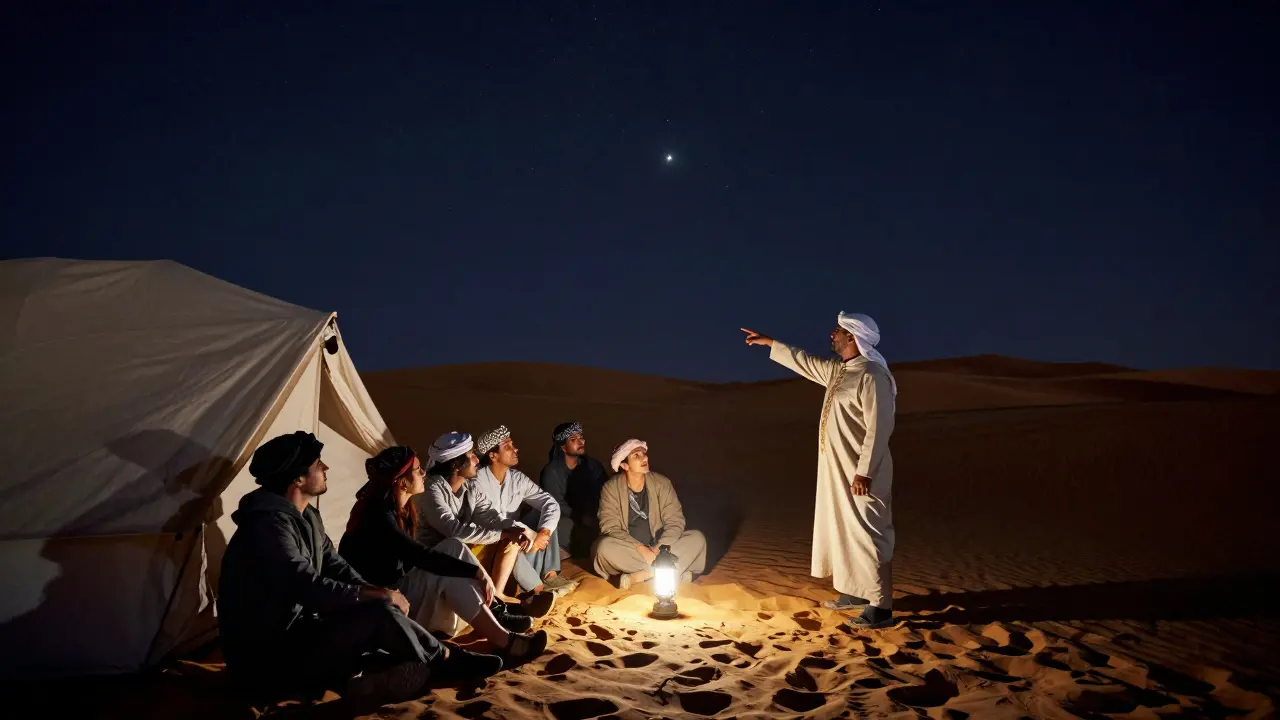 Guide berbère orientant des touristes la nuit avec les étoiles, dans une tente protégée du vent, au cœur du désert.