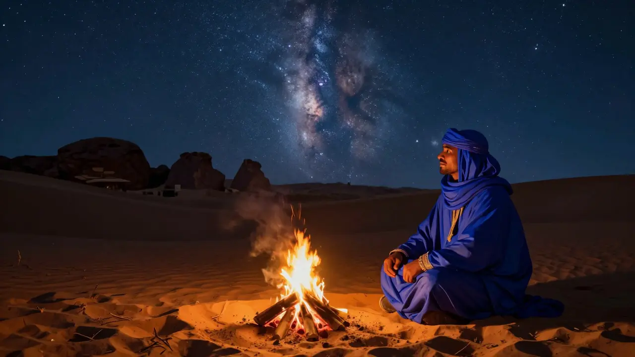 Homme Touareg contemplant le ciel étoilé autour d'un feu de camp dans le désert.