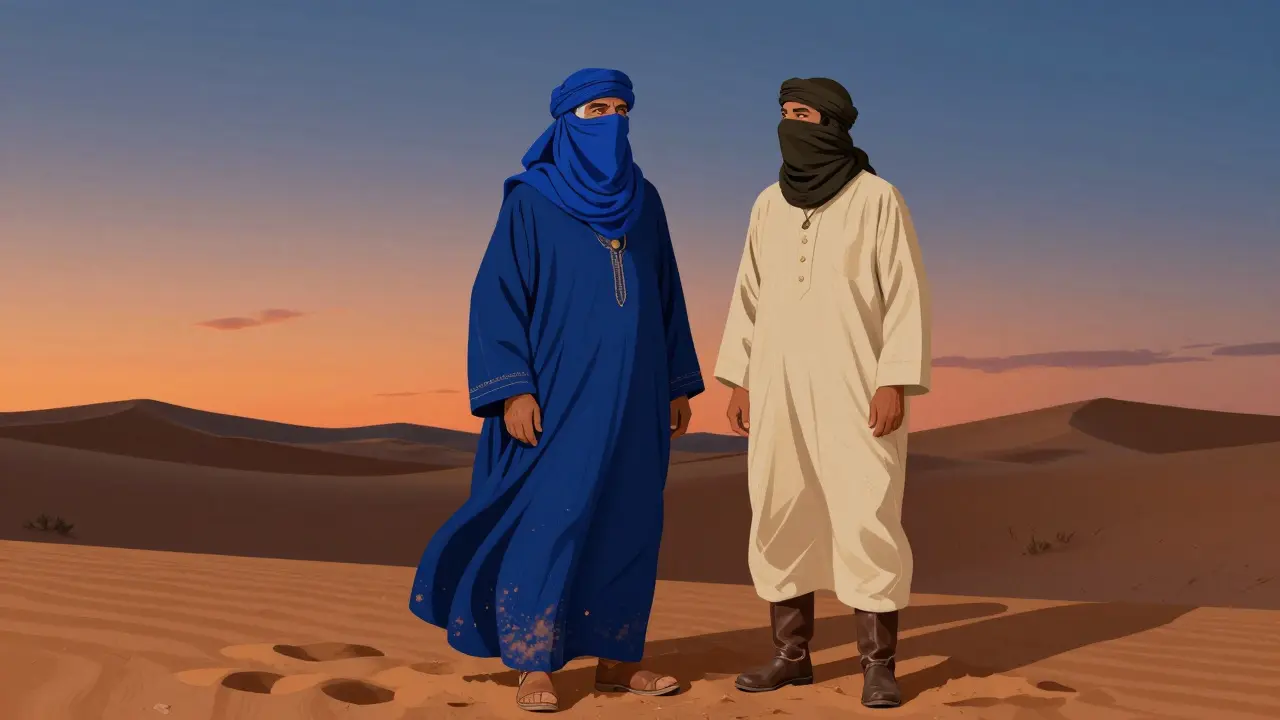 Homme touareg et touriste côte à côte, habillés pour survivre au désert au crépuscule.