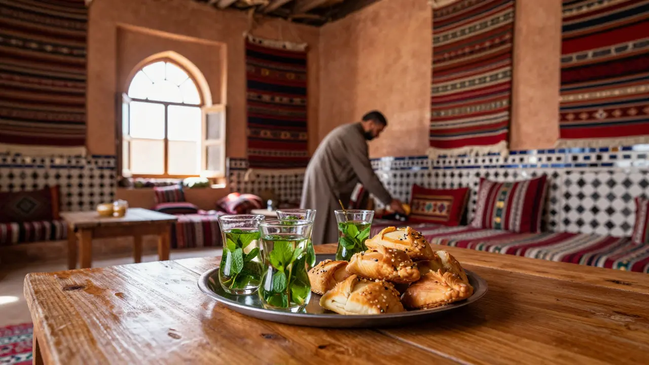 Intérieur d'une maison d'hôtes traditionnelle avec tapis berbères