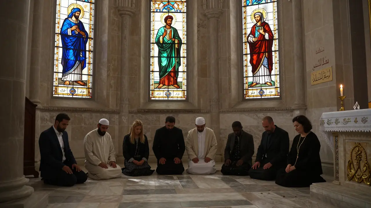 Intérieur de la cathédrale Notre-Dame d'Afrique à Alger, avec des fidèles en prière et des vitraux aux motifs africains.
