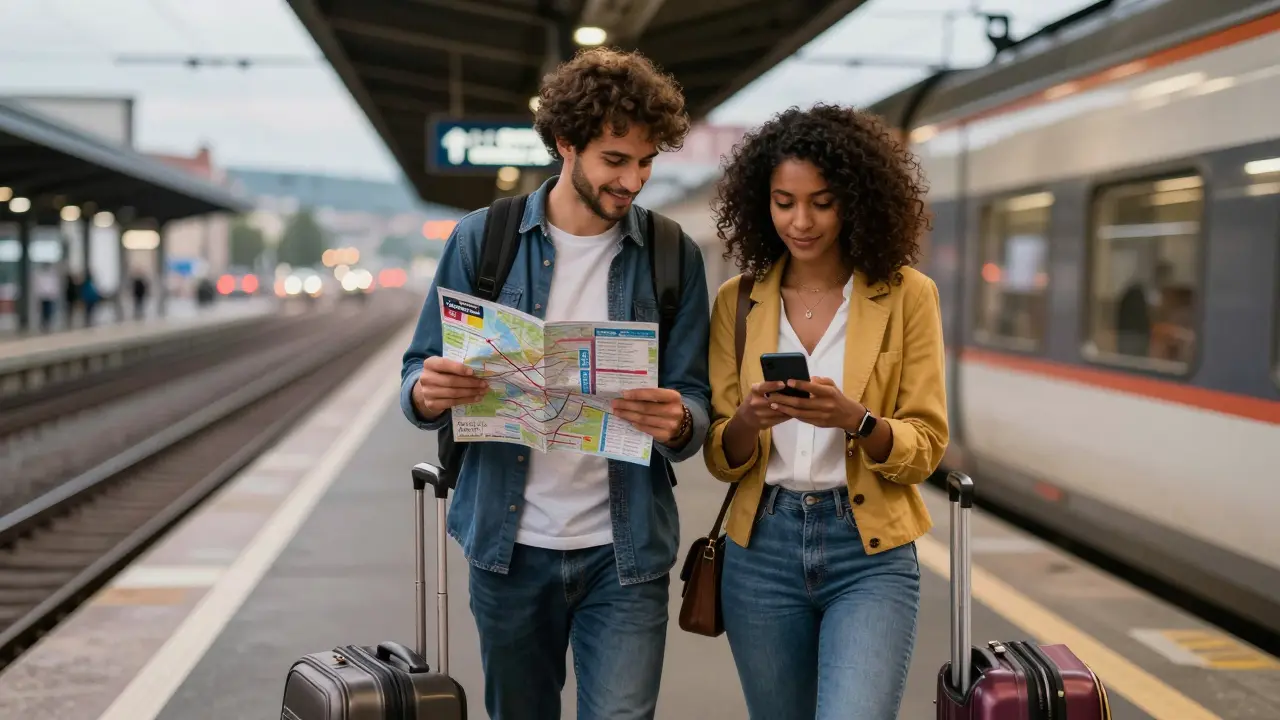 Jeune couple algérien à Lyon, prêts à voyager en Europe après une étape en France.