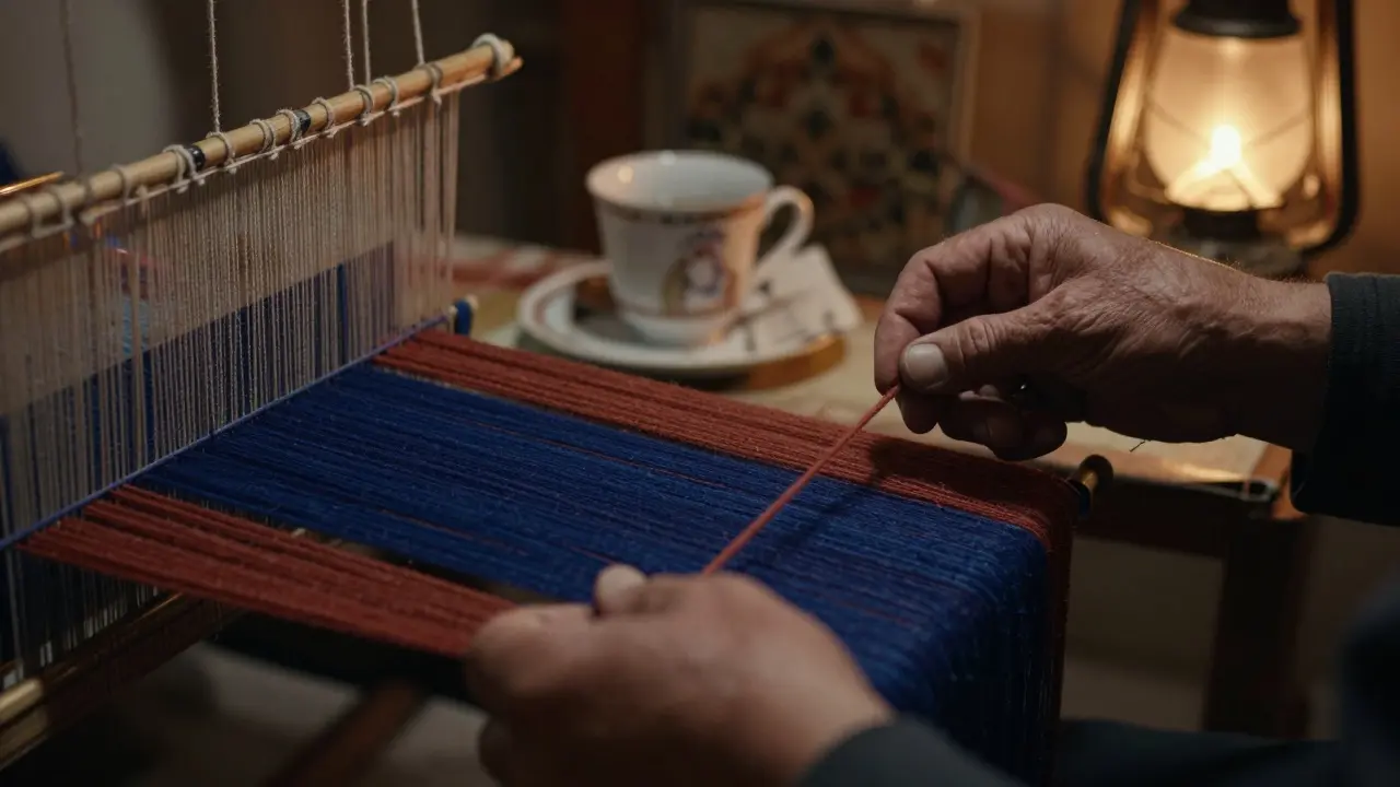 Mains vieillies tissant des fils rouges et bleus sous une lumière tamisée, dans un atelier traditionnel algérien.