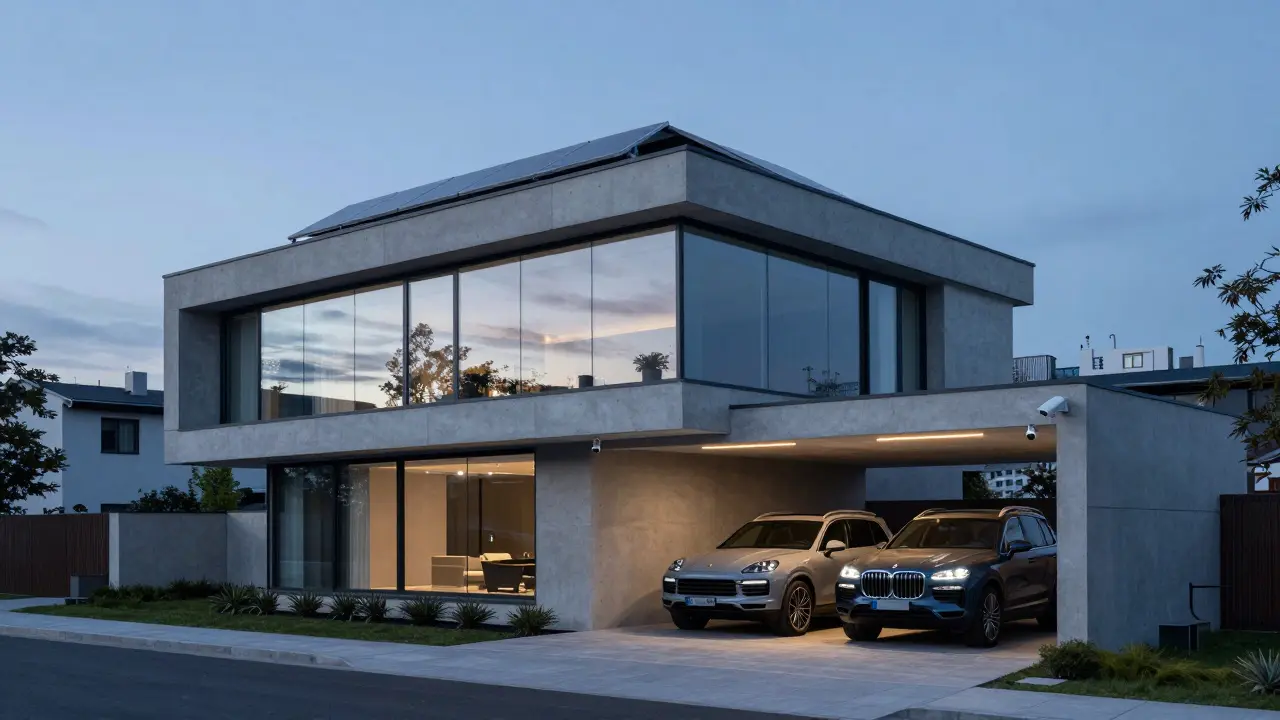 Maison moderne à Bologhine avec design épuré, panneaux solaires et voitures électriques.