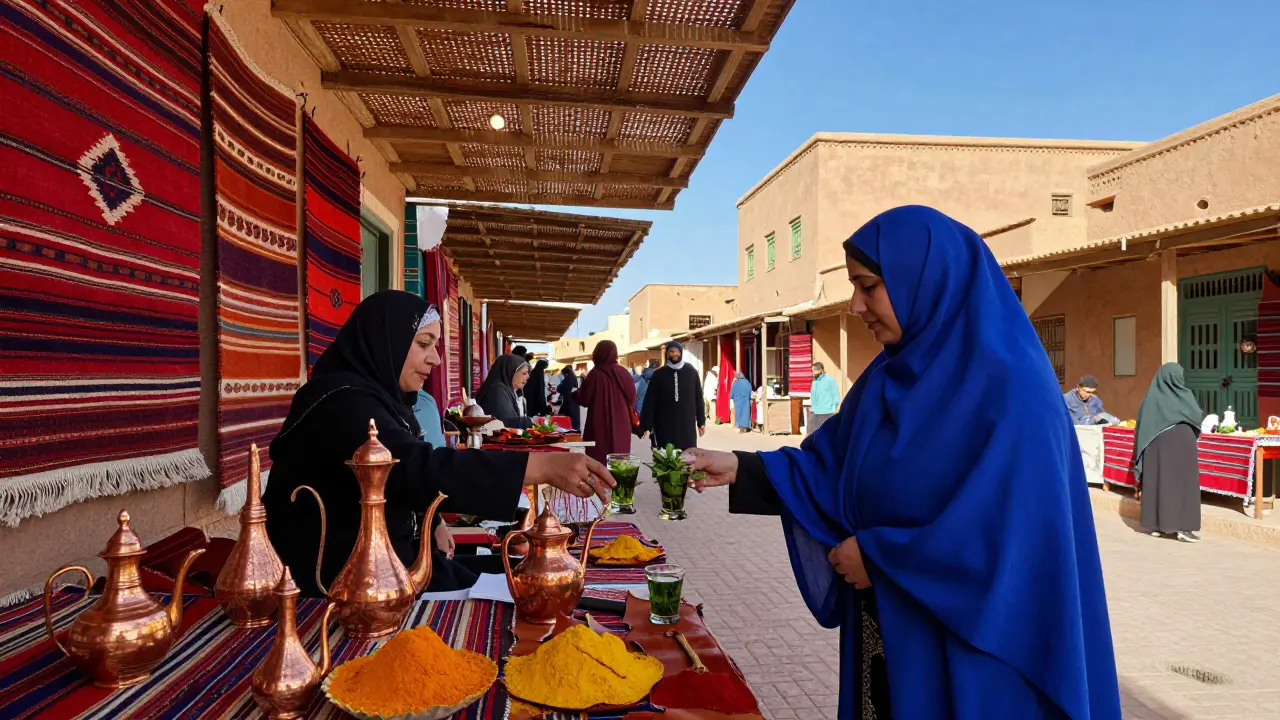 Marché traditionnel berbère à Ghardaïa en hiver, avec des artisans exposant des tapis, des théières en cuivre et des peaux teintes sous des auvents en terre.