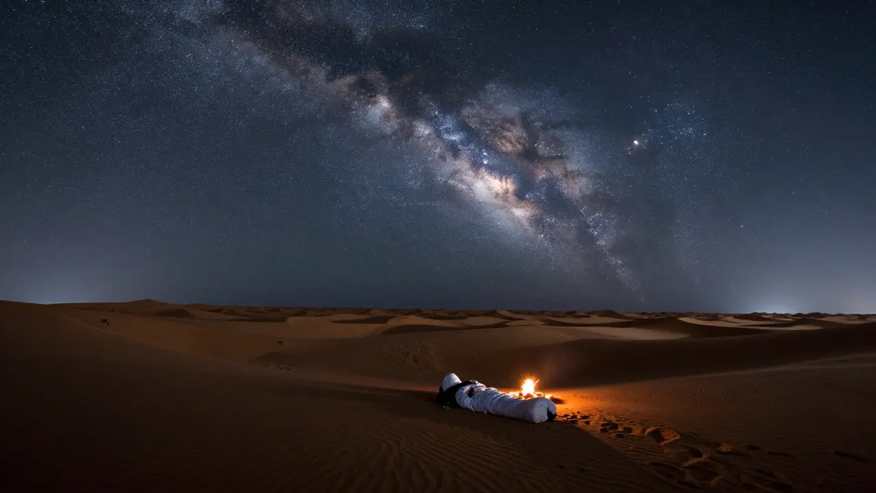 Nuit étoilée dans le Sahara, un voyageur endormi près d'un feu de camp sous une voûte céleste remplie de la Voie lactée, sans aucune structure humaine visible.