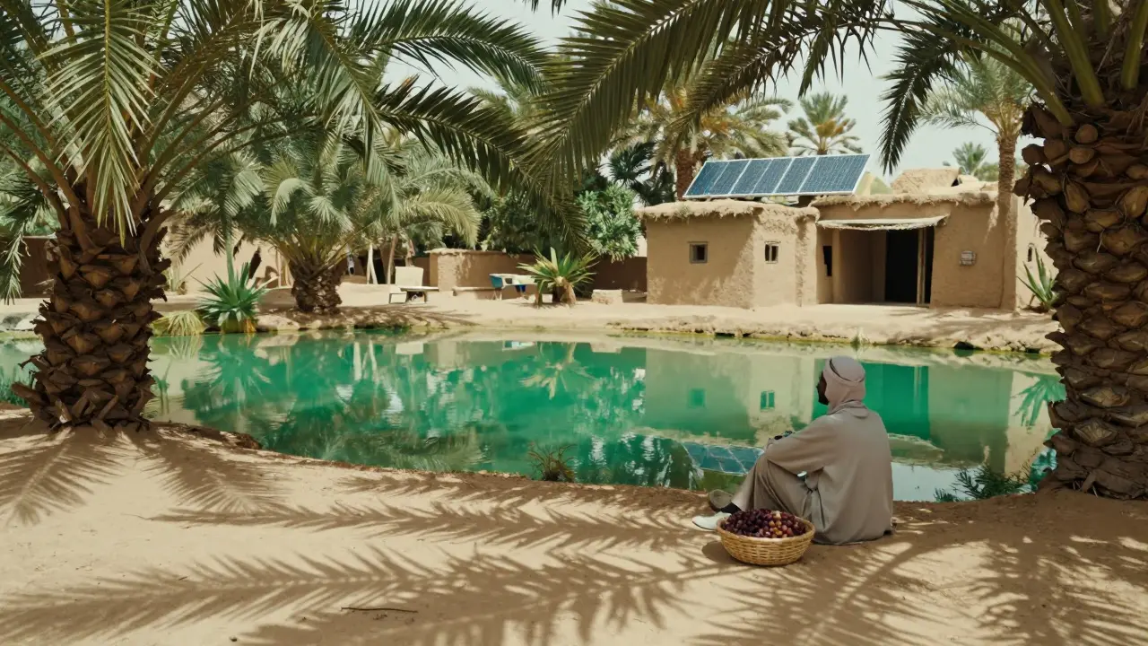 Oasis verte et eau claire entourée de palmiers au milieu du sable.