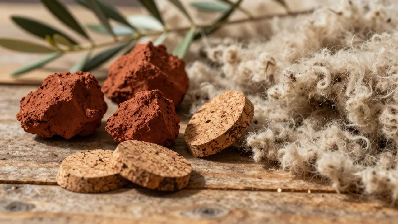 Objets artisanaux en argile rouge et liège disposés sur une nappe en laine tressée.