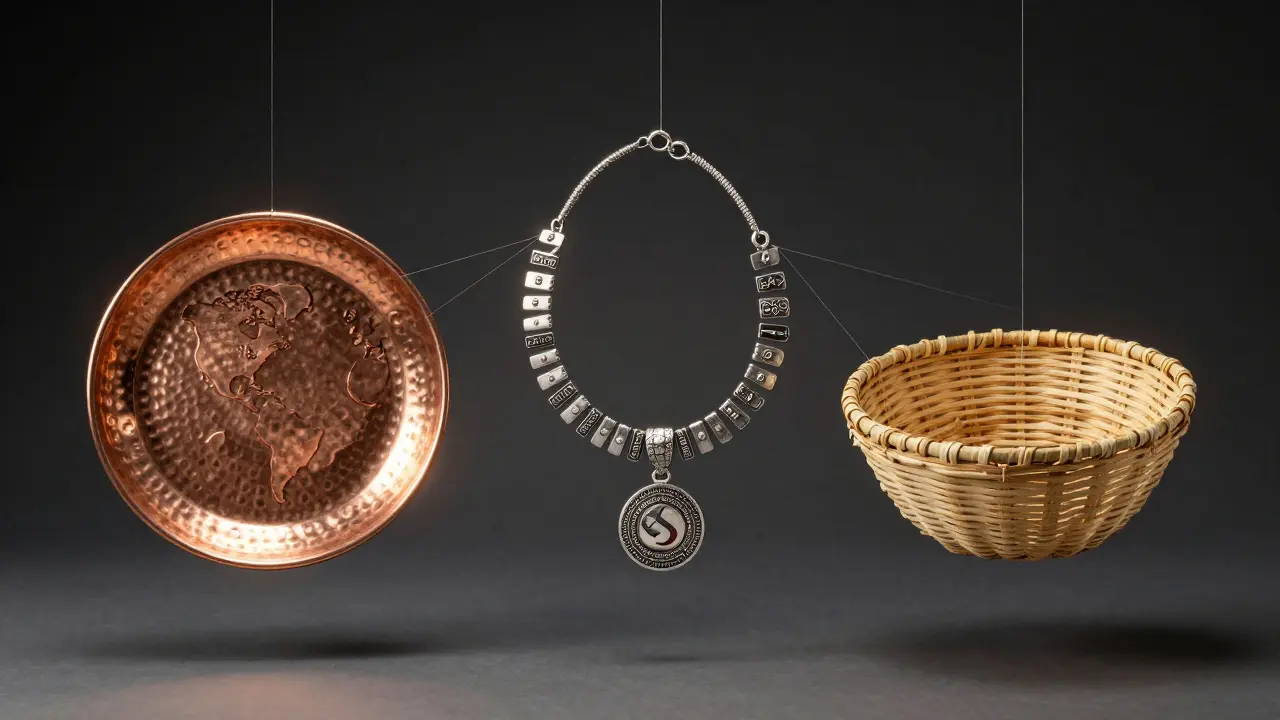 Objets d'artisanat algérien — cuivre, bijoux et panier — flottant en lumière dorée, symbole de renaissance culturelle.