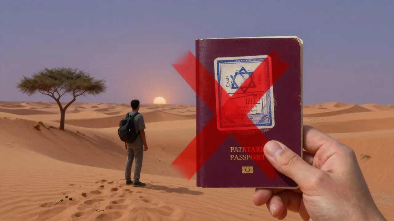 Passport avec tampon Israël refusé à l'entrée de l'Algérie, face aux dunes du Sahara au crépuscule.