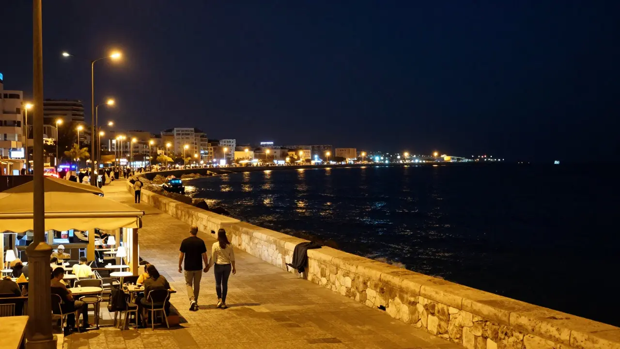Promenade sécurisée sur la Corniche d'Alger la nuit, avec cafés éclairés et mer scintillante en arrière-plan.
