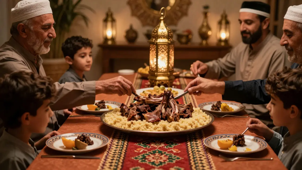 Repas familial algérien traditionnel avec plat de mouton