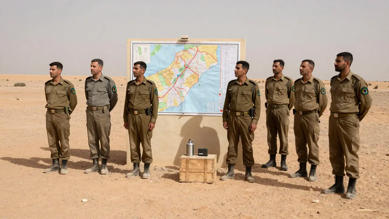 Soldats algériens en faction dans un poste frontalier désertique, près d'une carte du Sahara occidental épinglée au mur.