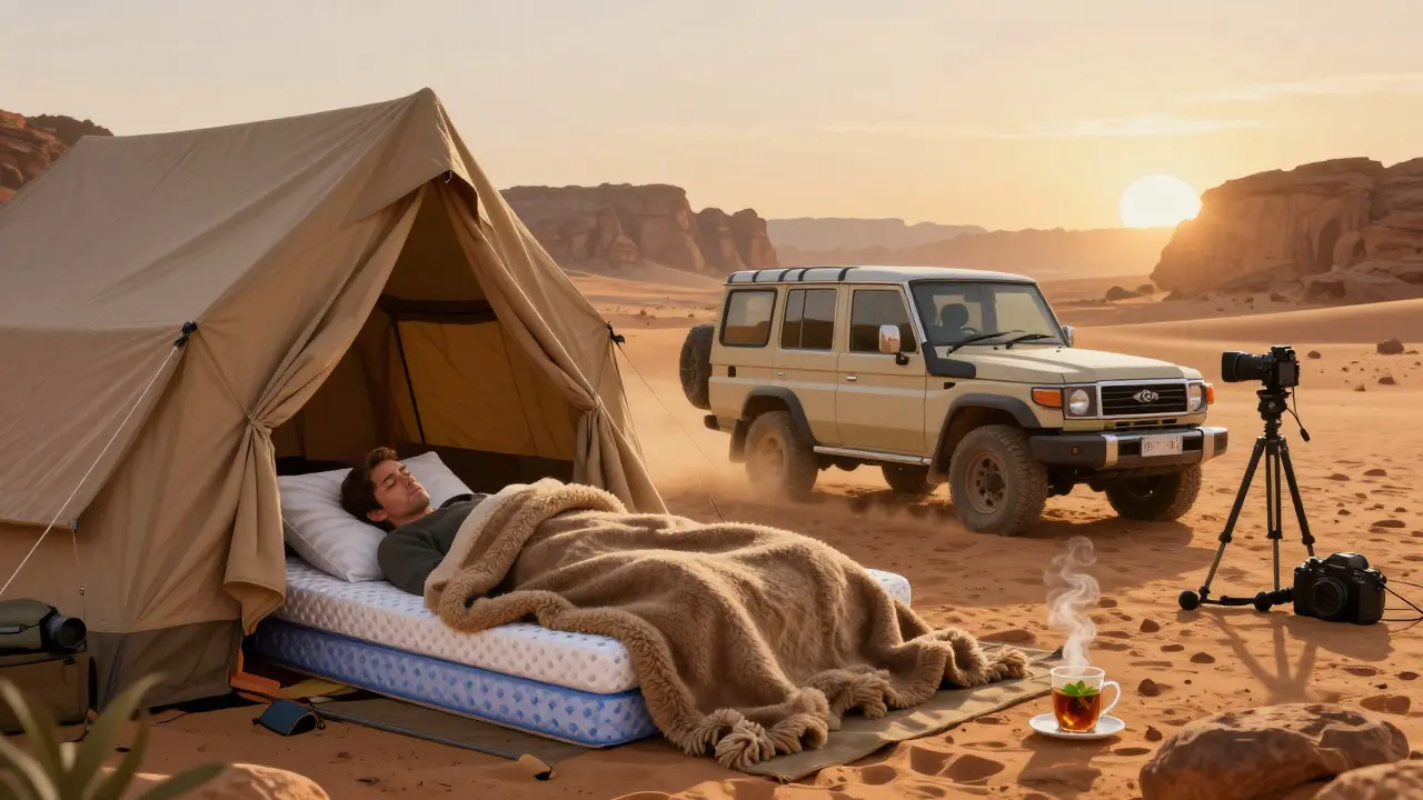 Tente de luxe au lever du soleil dans le Tassili n’Ajjer, avec matelas épais et 4x4 à proximité.