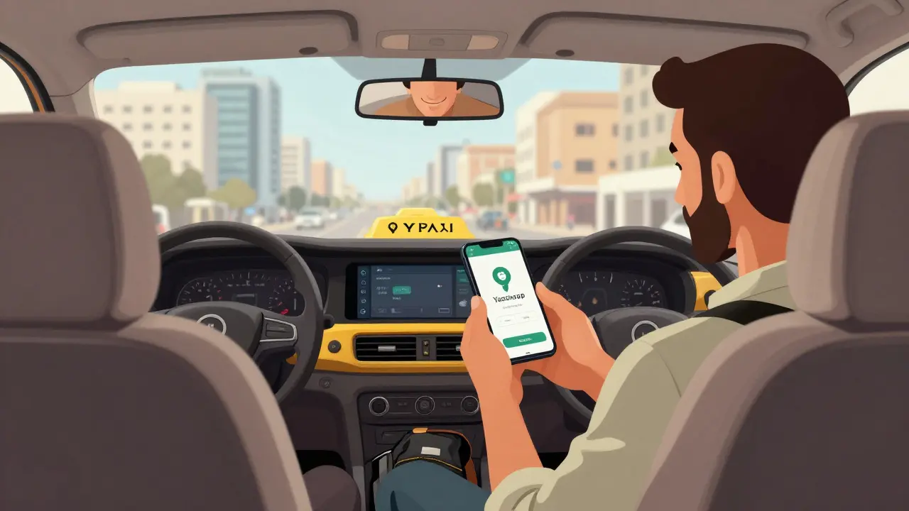 Touriste dans un taxi officiel d'Alger utilisant l'application Yassir, sac sécurisé sur les genoux.