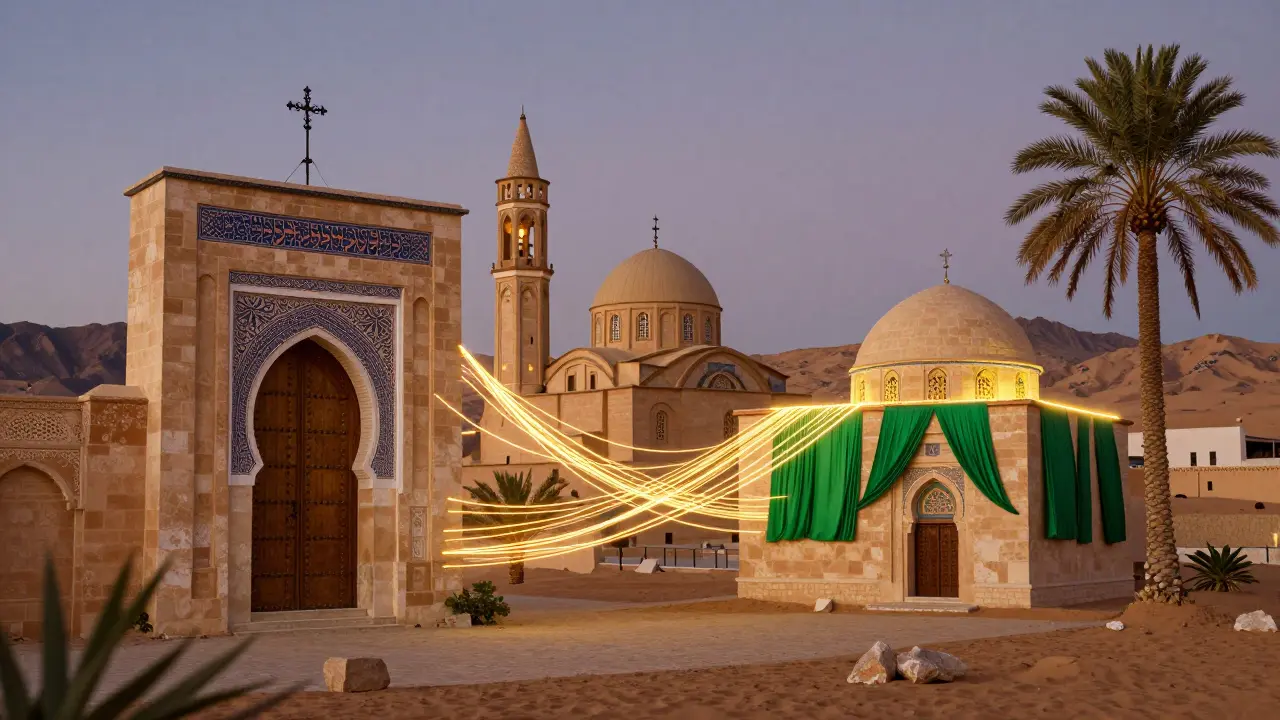 Trois lieux de culte historiques en Algérie — synagogue, église et zawiya — interconnectés dans un paysage désertique au crépuscule.